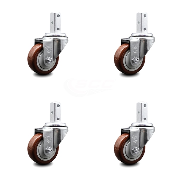 3.5 Inch Maroon Polyurethane Wheel Swivel 3/4 Inch Square Stem Caster Set SCC